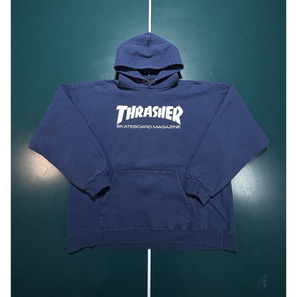 Thrasher Skateboard Magazine Hoodie Sweatshirt Navy Blue Men's Large Faded